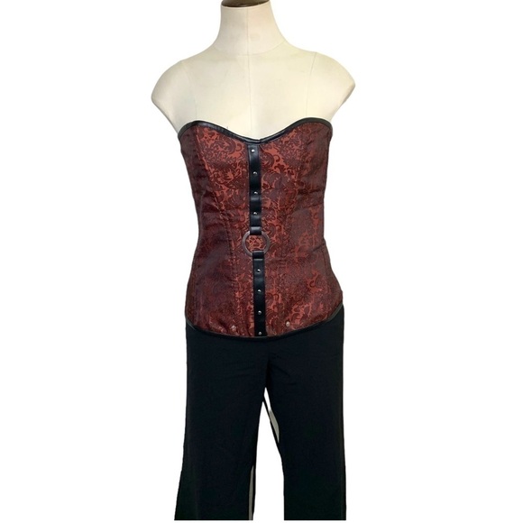 RED Black Corset Top Tapestry Faux Leather Lace up Bustier L/XL Romantic Goth - Picture 1 of 10